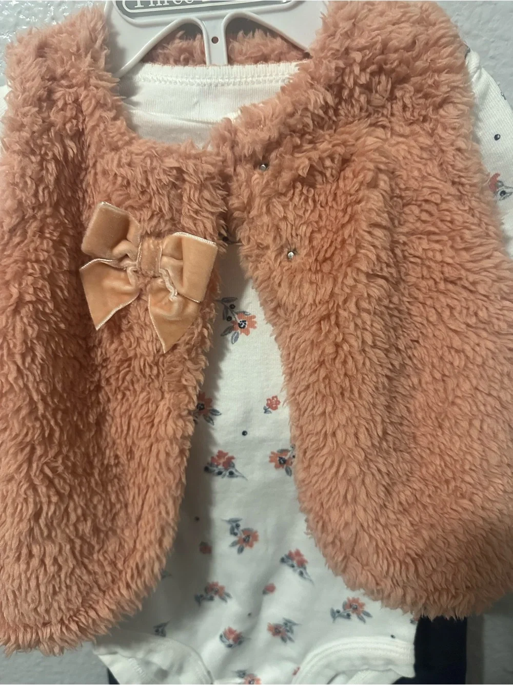 Carter's Baby Girl Floral Bodysuit with Peach Fuzzy Vest and Black Leggings